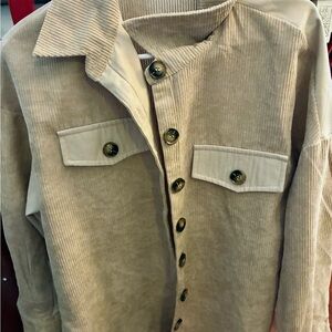 Corduroy Button-Front Shacket in Light Beige